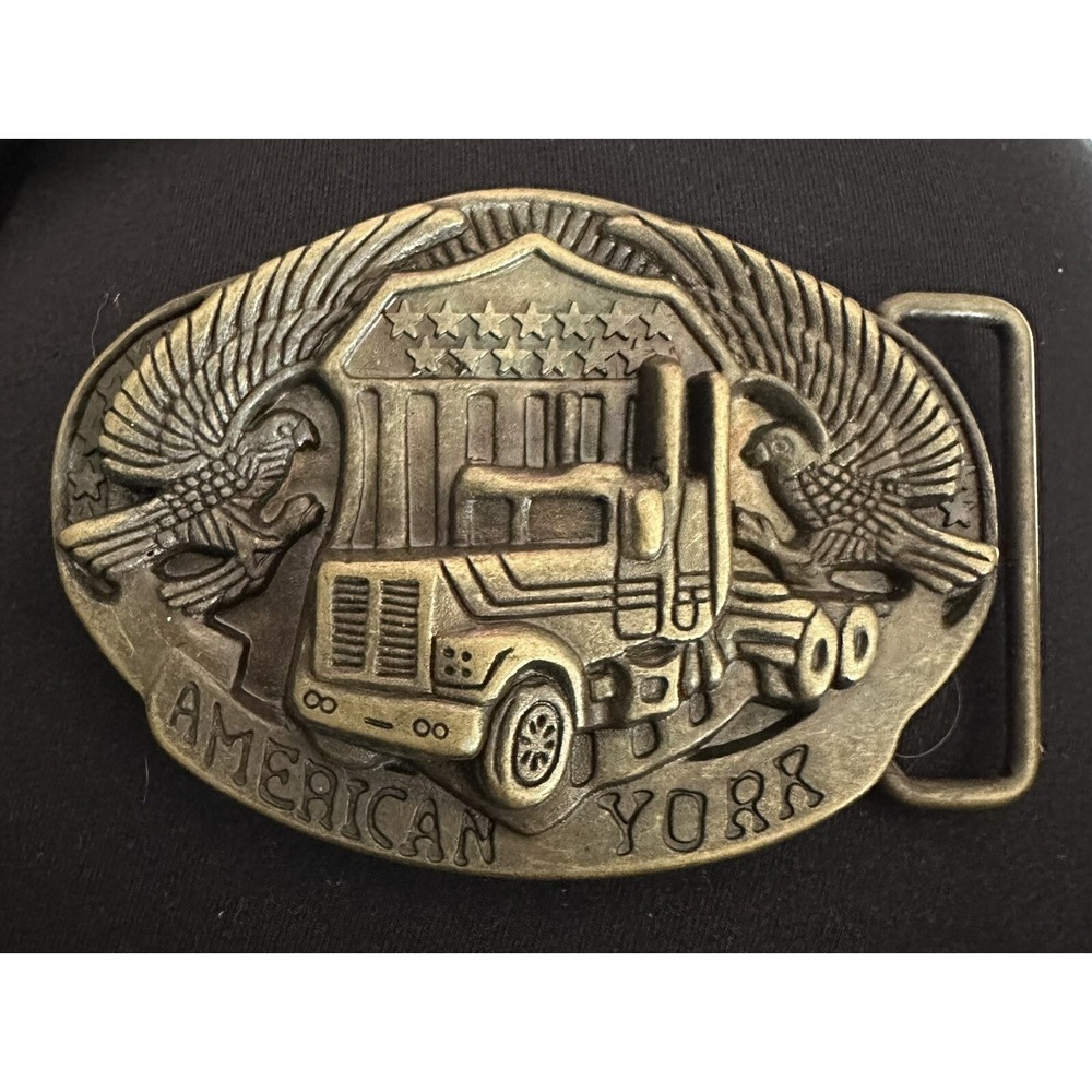 American York Trucker Belt‎ Buckle Semi Truck Pewter Eagle Flag Zinc Collectible